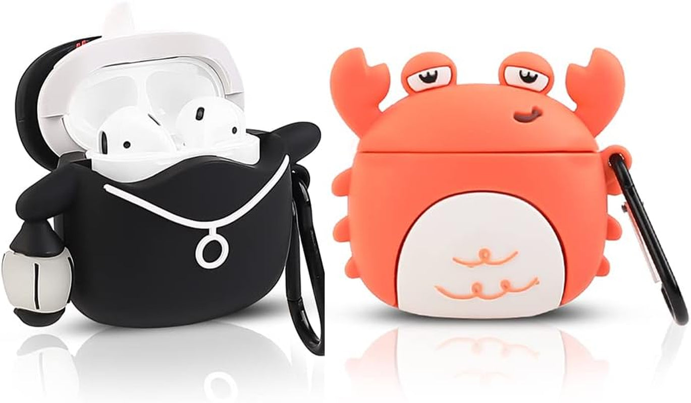 (2 Pack) Cute Airpods 1/2 Case Silicone Cover with Keychain, Cartoon Skin Design Headphones Charging Case Protective Cover Accessories Kits Compatible for Airpods 1 and 2 (Black+White)  BGAANM Crab+Penguin  