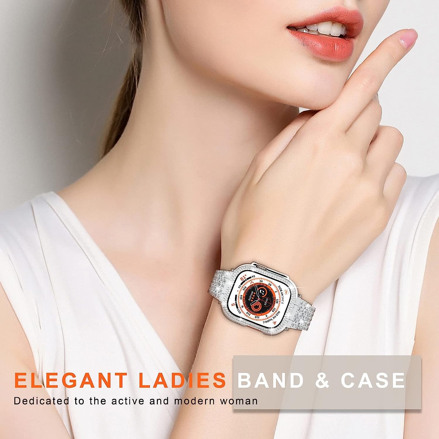 QVLANG Compatible Apple Watch Band Ultra 49Mm, Bling Series Band for Women + Diamond Rhinestone Case, Stainless Steel Metal Bracelet Strap for Iwatch Ultra (Silver, 49Mm)  QVLANG   