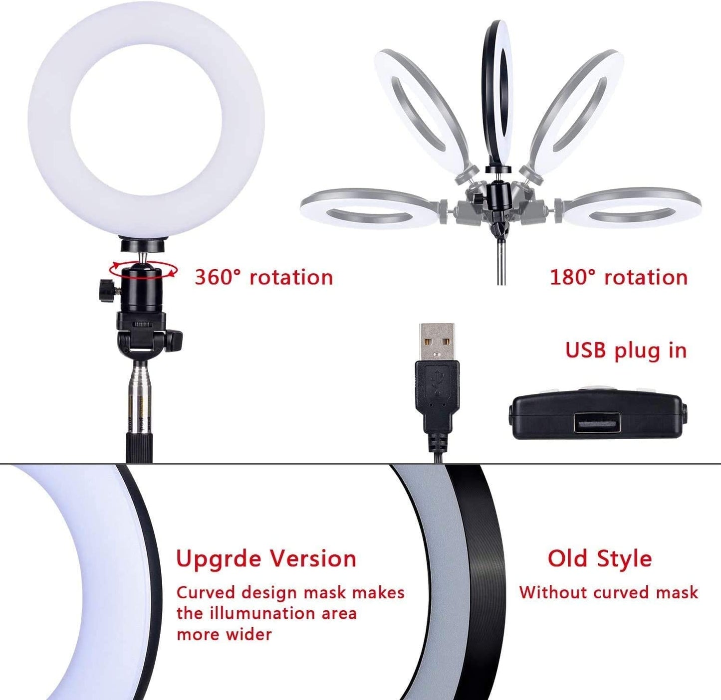 6" Selfie Ring Light with Tripod Stand & Cell Phone Holder for Live Stream Makeup,Mini Led Camera Ring Light Table Lamp Fill Light for Youtube Video Photography Shooting Vlog USB Plug  HOMREALM   