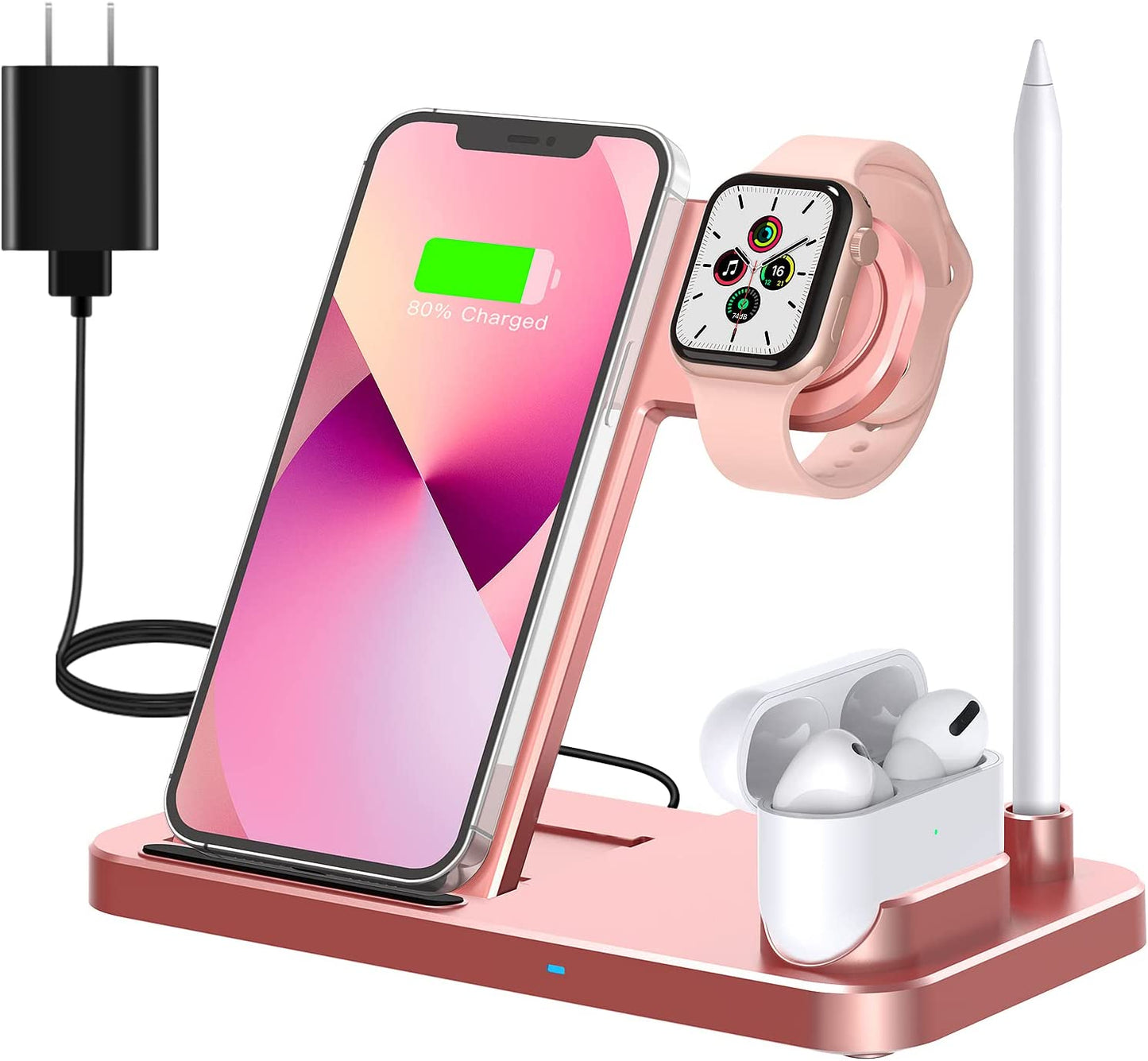 Wireless Charging Station - 4 in 1 Wireless Charger Charging Stand Compatible with Iphone 14 plus Pro Max 13 Pro Max 12 Pro Max SE 11Pro X XR Xs Max 8 plus - Apple Watch Series Airpods 1 2 3 Pro  ESTAVEL Pink  