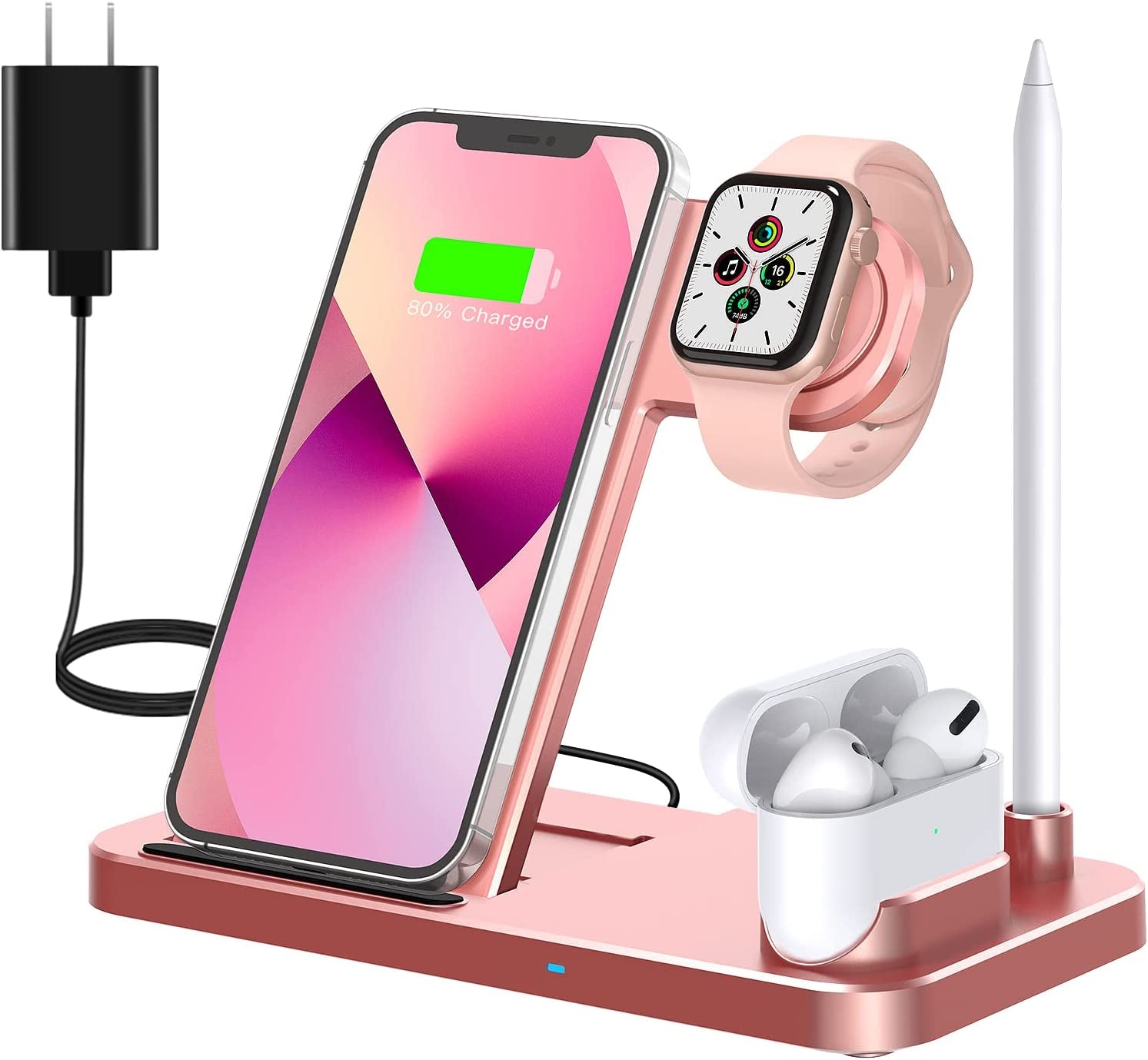 Wireless Charging Station - 4 in 1 Wireless Charger Charging Stand Compatible with Iphone 14 plus Pro Max 13 Pro Max 12 Pro Max SE 11Pro X XR Xs Max 8 plus - Apple Watch Series Airpods 1 2 3 Pro  ESTAVEL Pink  