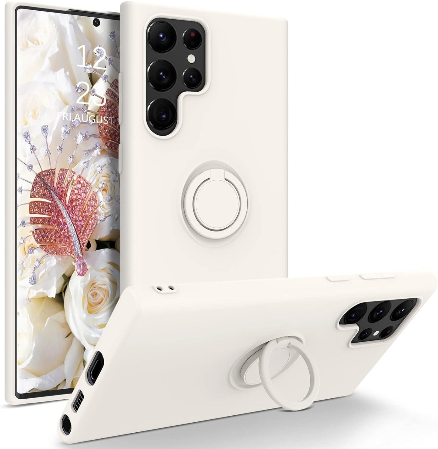 DUEDUE for Samsung Galaxy S22 Ultra 5G Case, Liquid Silicone Slim Soft Gel Rubber Cover with Ring Kickstand Car Mount Function Shockproof Protective Phone Case for Samsung S22 Ultra 6.8", Orange  DUEDUE 416-White  