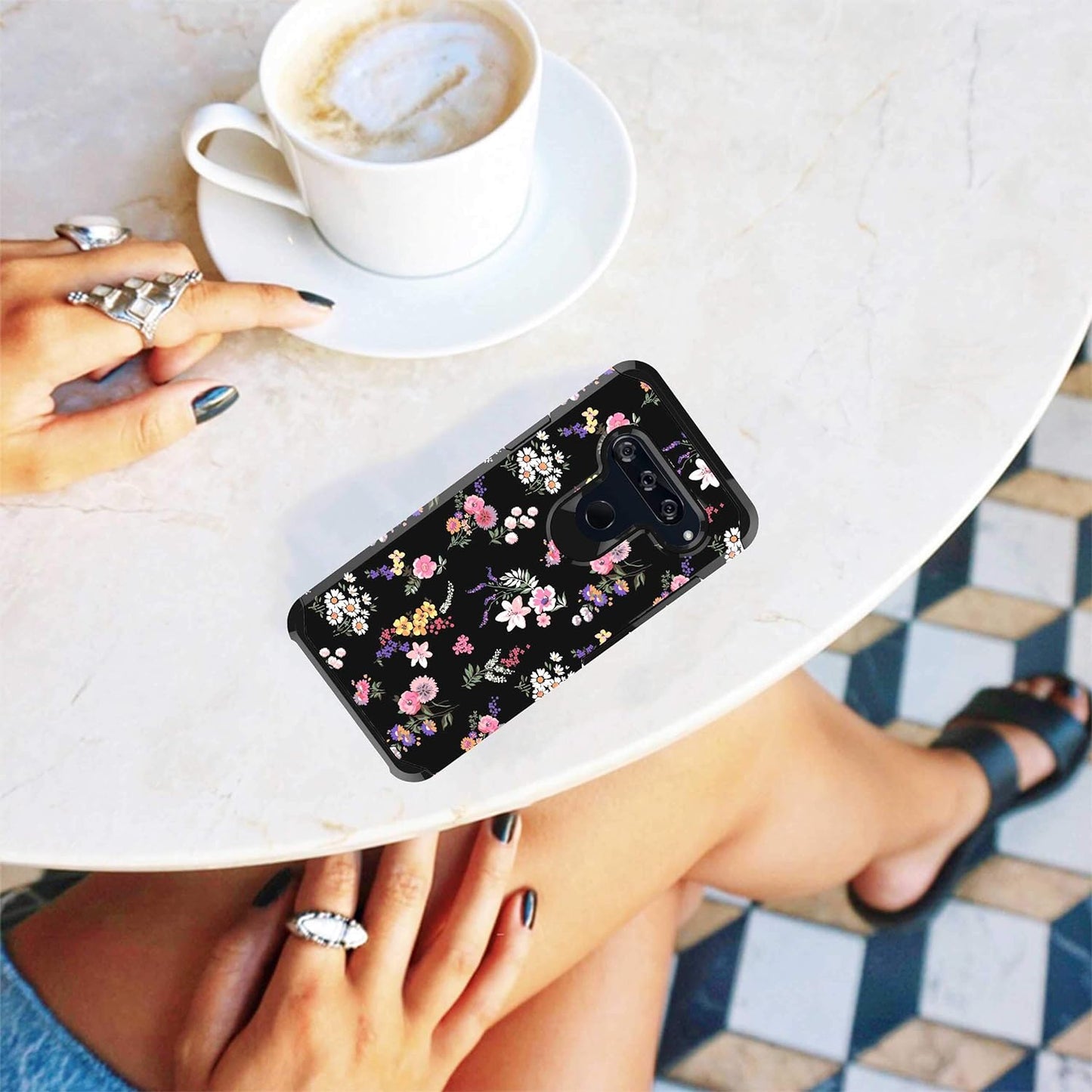 Shinymax Protective Phone Case for LG V40/LG V40 Thinq,Flowers Design Heavy Duty Hybrid Dual Layer Armor Cover Cute Flexible Sturdy Anti-Scratch Shockproof Bumper Case for Women and Girls-Floral/Black  ShinyMax   