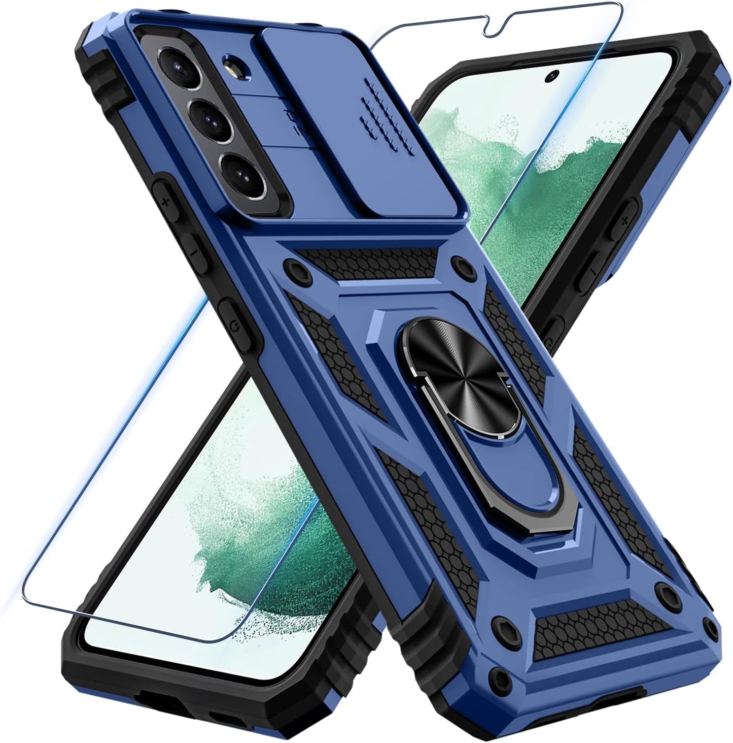 Samsung Galaxy S22 Case with Screen Protector Tempered Glass [Not for S22+] ,Heavy Duty Shockproof Full Body Phone Cover[Dual Layer][Hard PC Back],Built in Finger Ring Stable Kickstand,2022 Black  Janmitta B-Blue  