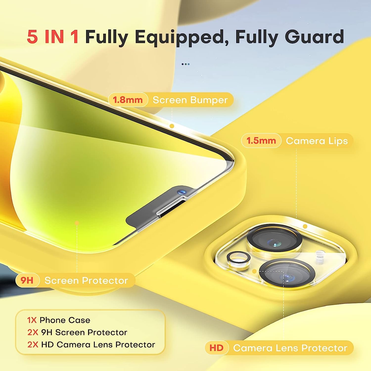 TOCOL 5 in 1 for Iphone 14 plus Case, 2X Screen Protector + 2X Camera Lens Protector, Slim Liquid Silicone Phone Case for Iphone 14 plus 6.7 Inch, [Anti-Scratch] [Drop Protection], Canary Yellow  TOCOL   