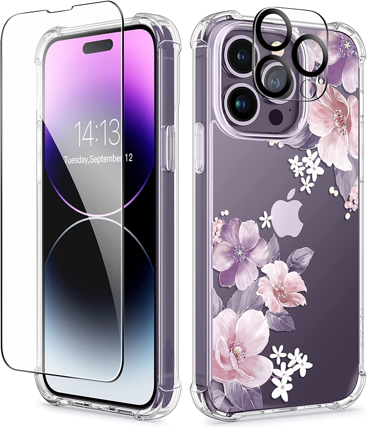GVIEWIN Compatible with Iphone 14 Pro Case with Screen Protector & Camera Lens Protector, Floral Slim Shockproof Protective Hard PC+TPU Bumper Flower Women Cover, 6.1" 2022(Anemone Blooms/Pink)  GVIEWIN Anemone/Pink  