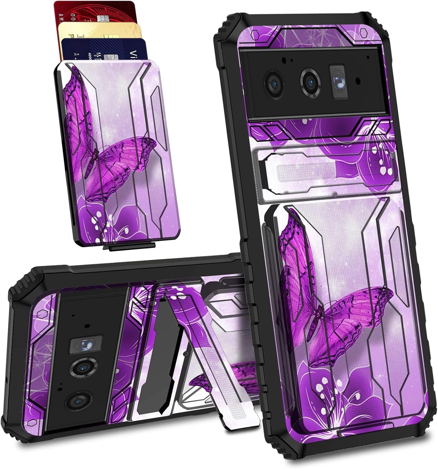 Case for Goole Pixel 6 Pro with Detachable Card Holder Slot Kickstand Hybrid Dual Layer Heavy Duty Shockproof Cover Hidden ID Cash Credit Wallet Case for Google Pixel 6 Pro 5G, Vintage American Flag  BVDIKMI Purple Flower Butterfly  