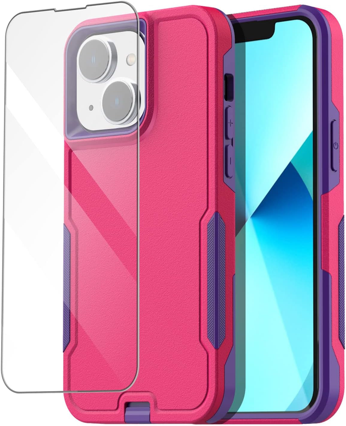 Aicase for Iphone 13 Case with Glass Screen Protector,Heavy Duty Drop Protection Full Body Rugged Shockproof Military Protective Tough Durable Cover for Iphone 13 6.1"_4  AICase Pink/Purple+Glass Protector  