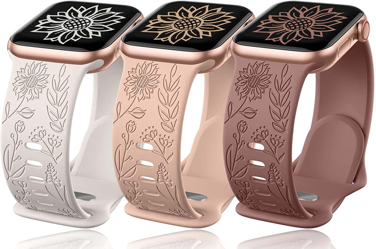 3 Pack Sunflower Engraved Bands Compatible with Apple Watch Band 38Mm 40Mm 41Mm 42Mm 44Mm 45Mm 49Mm Women Girl, Flower Silicone Wrist Bands Strap Compatible with Iwatch Series 8 7 6 5 4 3 2 1 SE Ultra  SNBLK   