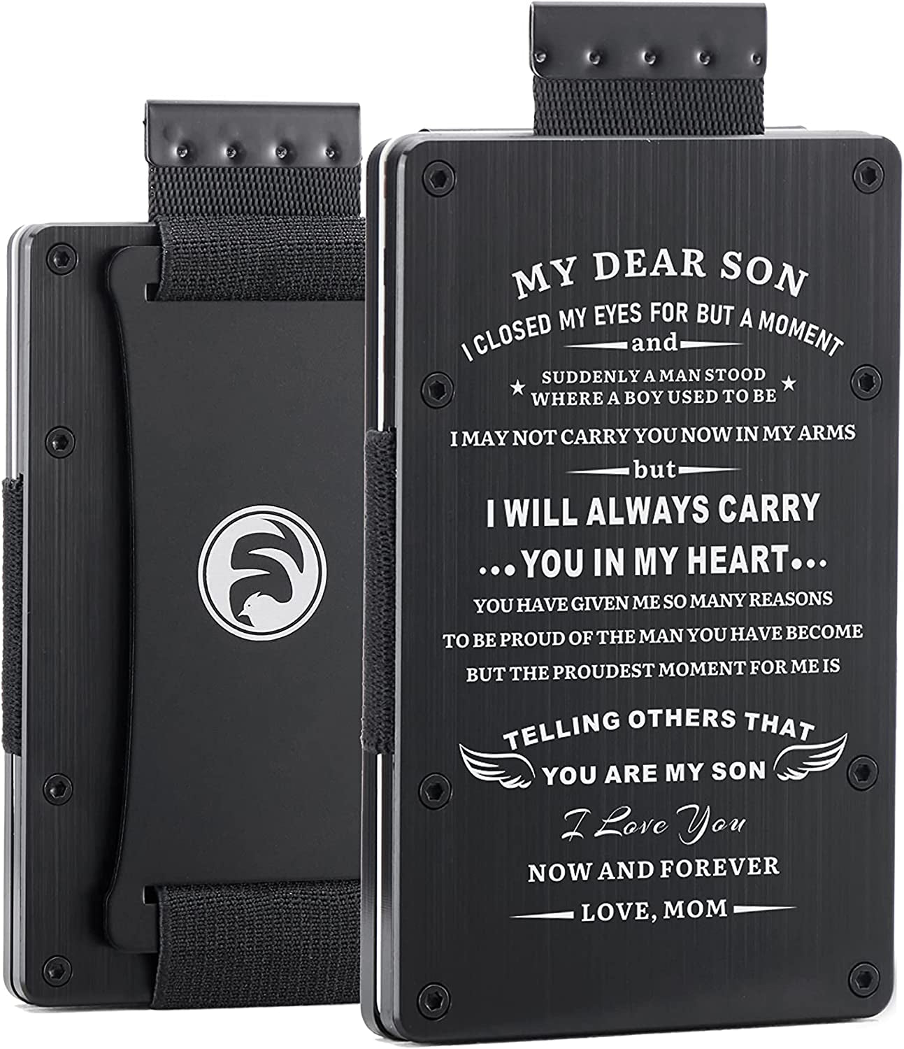 Men Minimalist Metal Engraved Wallet for Son Dad Husband Boyfriend | Slim Front Pocket RFID Blocking Aluminum Tactical Card Holder with Cash Strap | Personalized Birthday Christmas Graduation Gift  FeiYen   