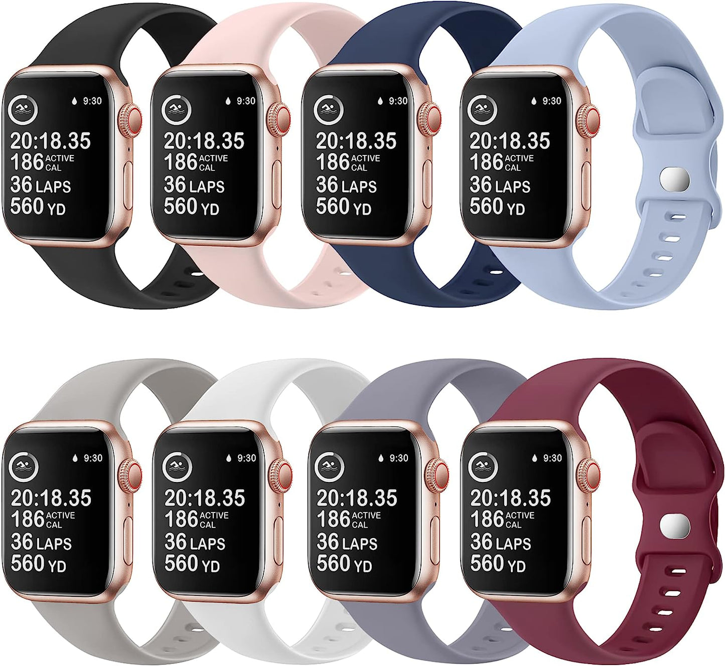 8 Pack Watch Bands Compatible with Apple Watch Band 38Mm 40Mm 41Mm 42Mm 44Mm 45Mm 49Mm for Women Men, Soft Silicone Waterproof Sport Strap Replacement Wristbands for Iwatch Series 8 7 6 5 4 3 2 1 SE  OriBear 8 Pack E 38mm/40mm/41mm M/L 