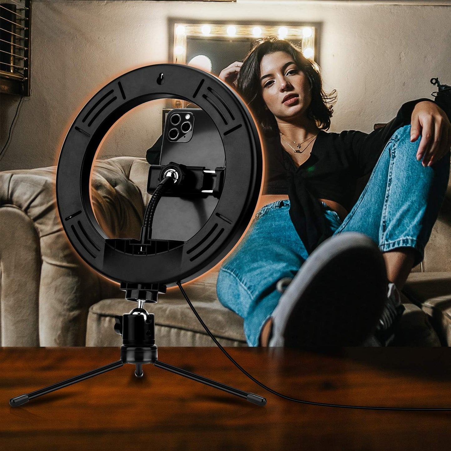 8'' Ring Light with Tripod Stand & Phone Holder for Selfie, Makeup,Live Streaming & Youtube Video,3 Light Modes and 10 Brightness Level,Dimmable Desk Makeup Ring Light  TBJSM   