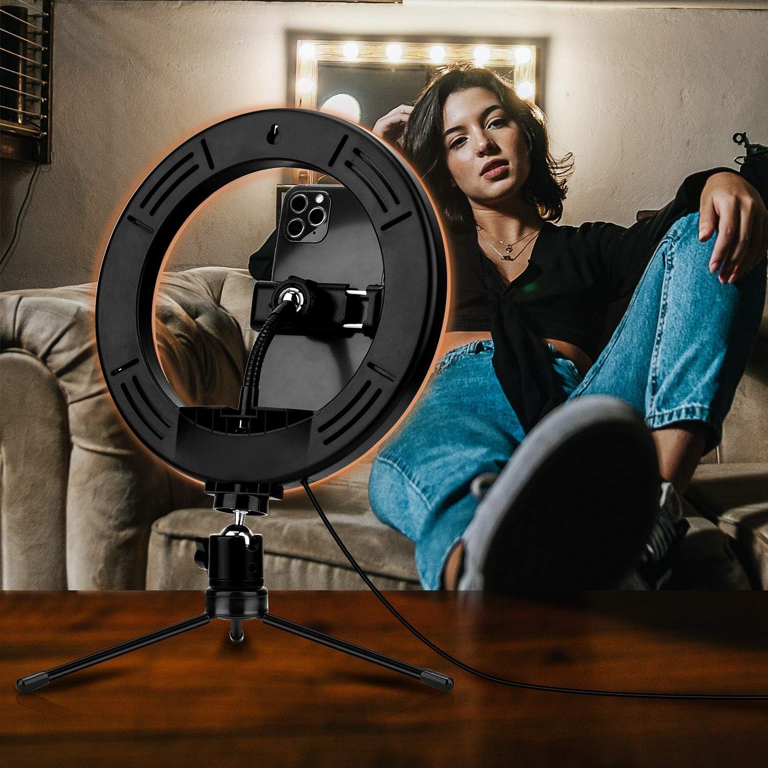 8'' Ring Light with Tripod Stand & Phone Holder for Selfie, Makeup,Live Streaming & Youtube Video,3 Light Modes and 10 Brightness Level,Dimmable Desk Makeup Ring Light  TBJSM   