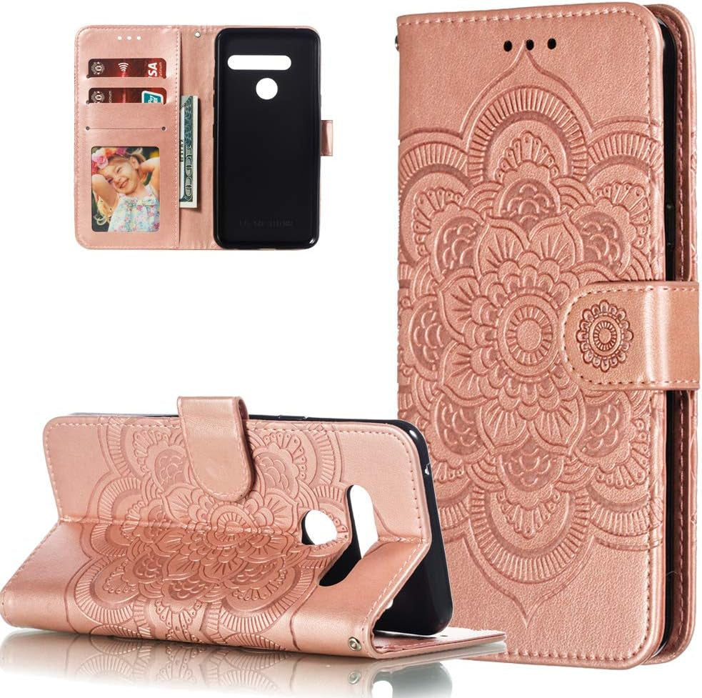HMTECHUS LG G8 Thinq Case Embossing Durable Shell Card Slots Holder Luxury PU Leather Wallet Bookstyle Magnetic Stand Shockproof Protection Flip Cover for LG G8 / G8S / G8 Thinq Mandala Gray LD  HMTECHUS Ld] Mandala:Rose Gold  