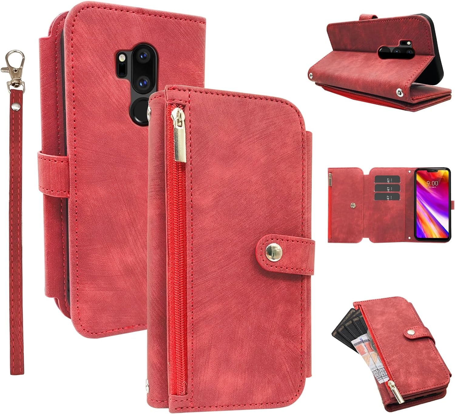 Compatible with LG G7 Thinq Wallet Case 9 Card Slots Retro Leather Flip Credit Card Holdercell Phone Cover for LGG7 One G 7 plus LG7 Fit Lg7Thinq 7G Thin Q G7+ G7Thinq Lgg7Thinq Women Men Green  Furiet Red  