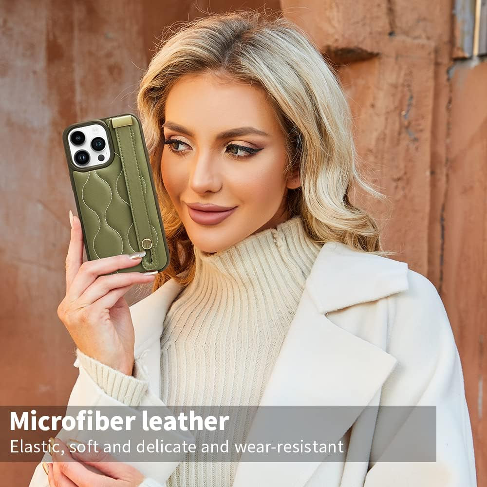 ZVE Designed for Iphone 13 Pro Max Kickstand Case, Quilted Leather Shockproof Case with Stand for Women Strap Cover Case Compatible with Iphone 13 Pro Max, 6.7 Inch-Green  ZVE   