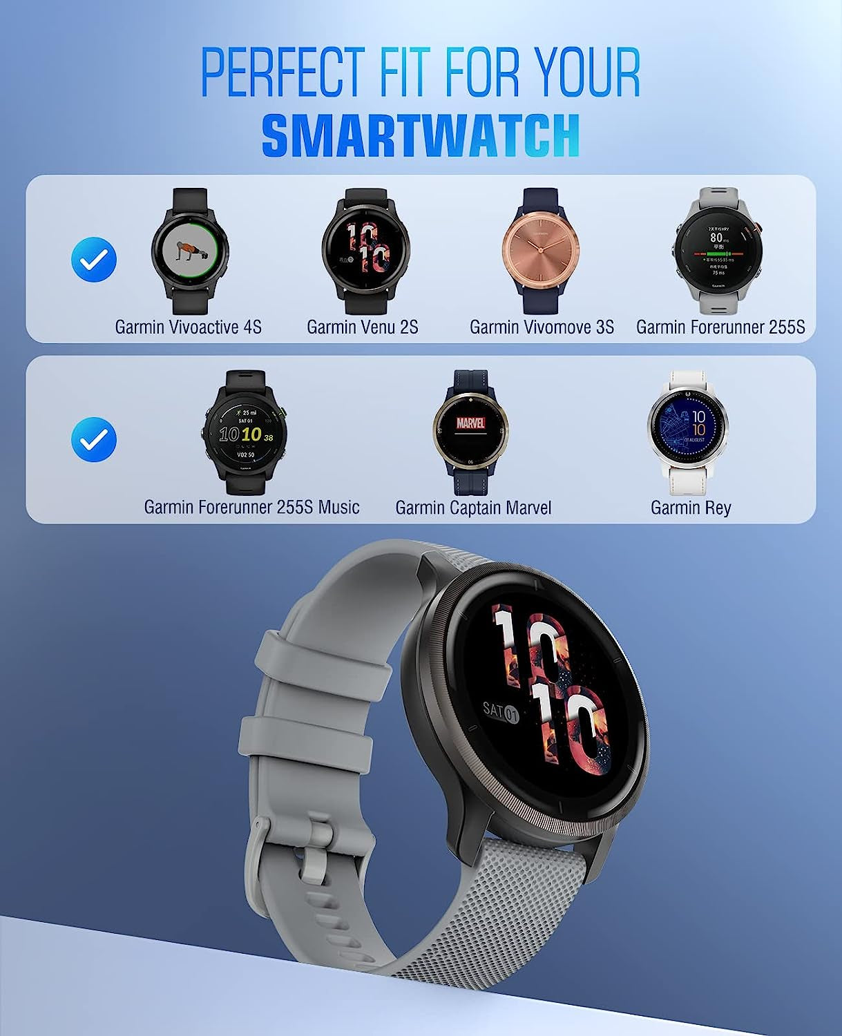 Moko Watch Band Compatible with Garmin Forerunner 255S/255S Music/Vivoactive 4S/Venu 2S/Vivomove 3S Smartwatch, 18MM Soft Silicone Adjustable Replacement Strap  MoKo   