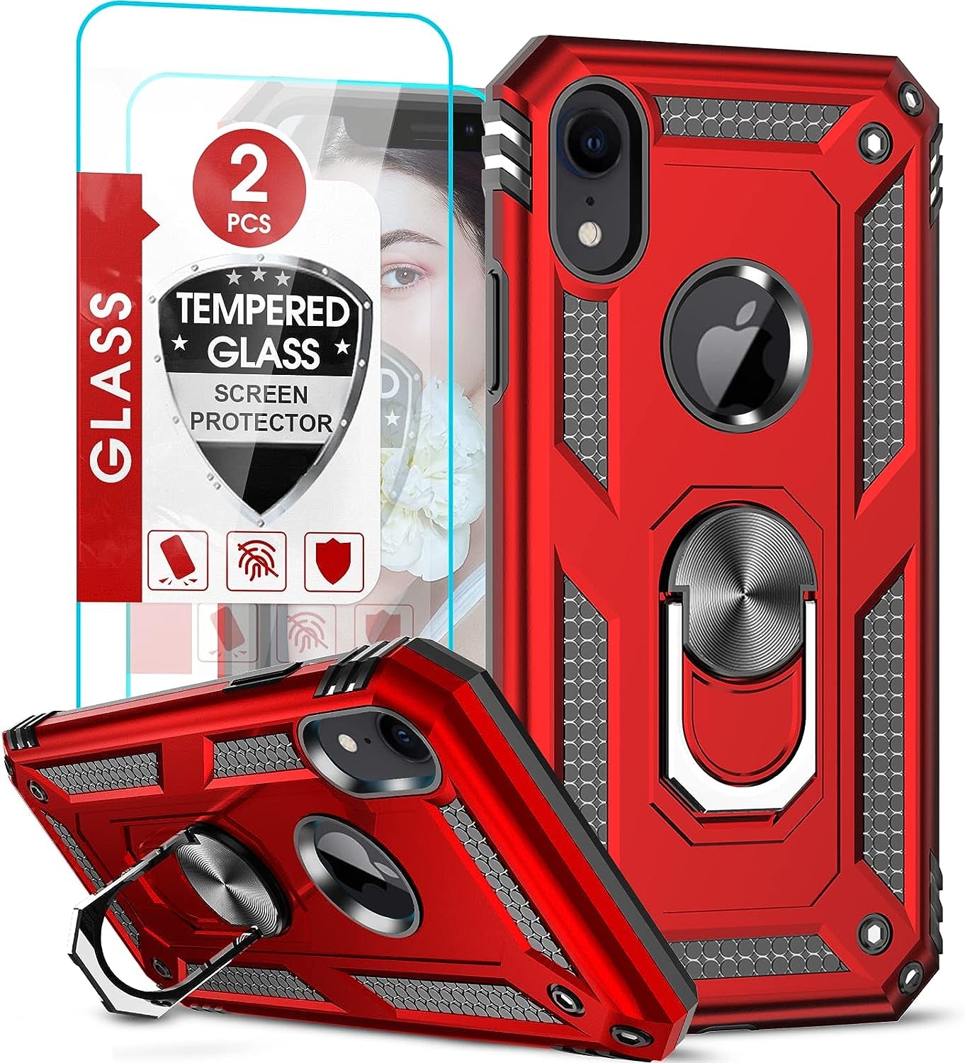 Leyi for Iphone XR Case, Iphone XR Case with Stand and [2PCS] Tempered Glass Screen Protector for Men, Heavy Duty Protective Hard Case with Metal Ring for Apple Iphone 10 XR, Black  LeYi Red  