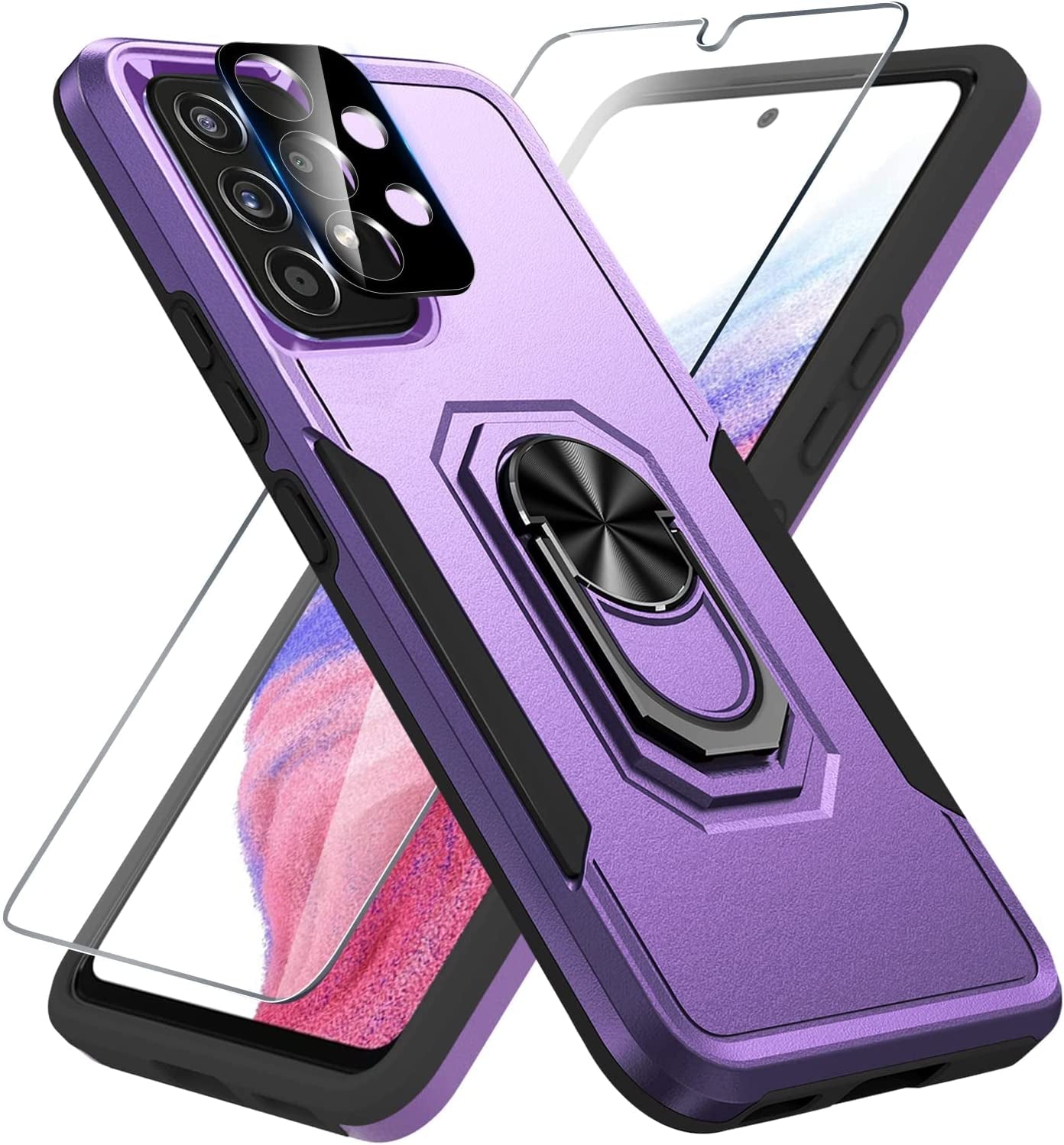 Samsung Galaxy A53 5G Case Built in Slide Camera Lens Cover and Screen Protector,Heavy Duty Shockproof Full Body Protective Phone Cover,Built in Finger Ring Stable Holder Kickstand,2022 Blue  Janmitta Lavender Samsung A53(6.5 Inch) 