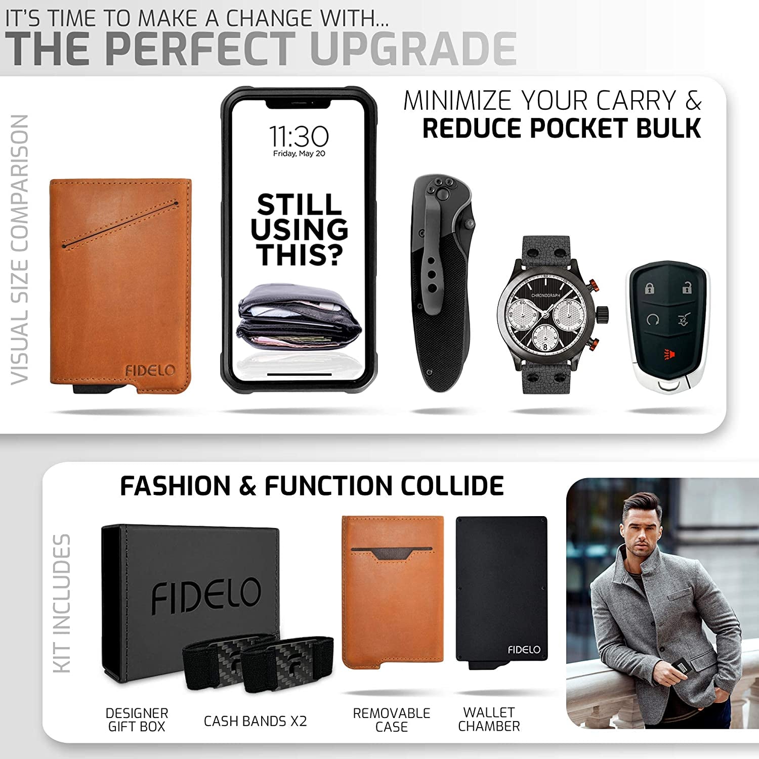 Fidelo Minimalist Wallet for Men - RFID Blocking Pop up Wallet Credit Card Holder, Slim Wallet Made of 6063 Aluminum and Clip Holder with a Removable Leather Case - Desert Tan (Camel)  FIDELO   