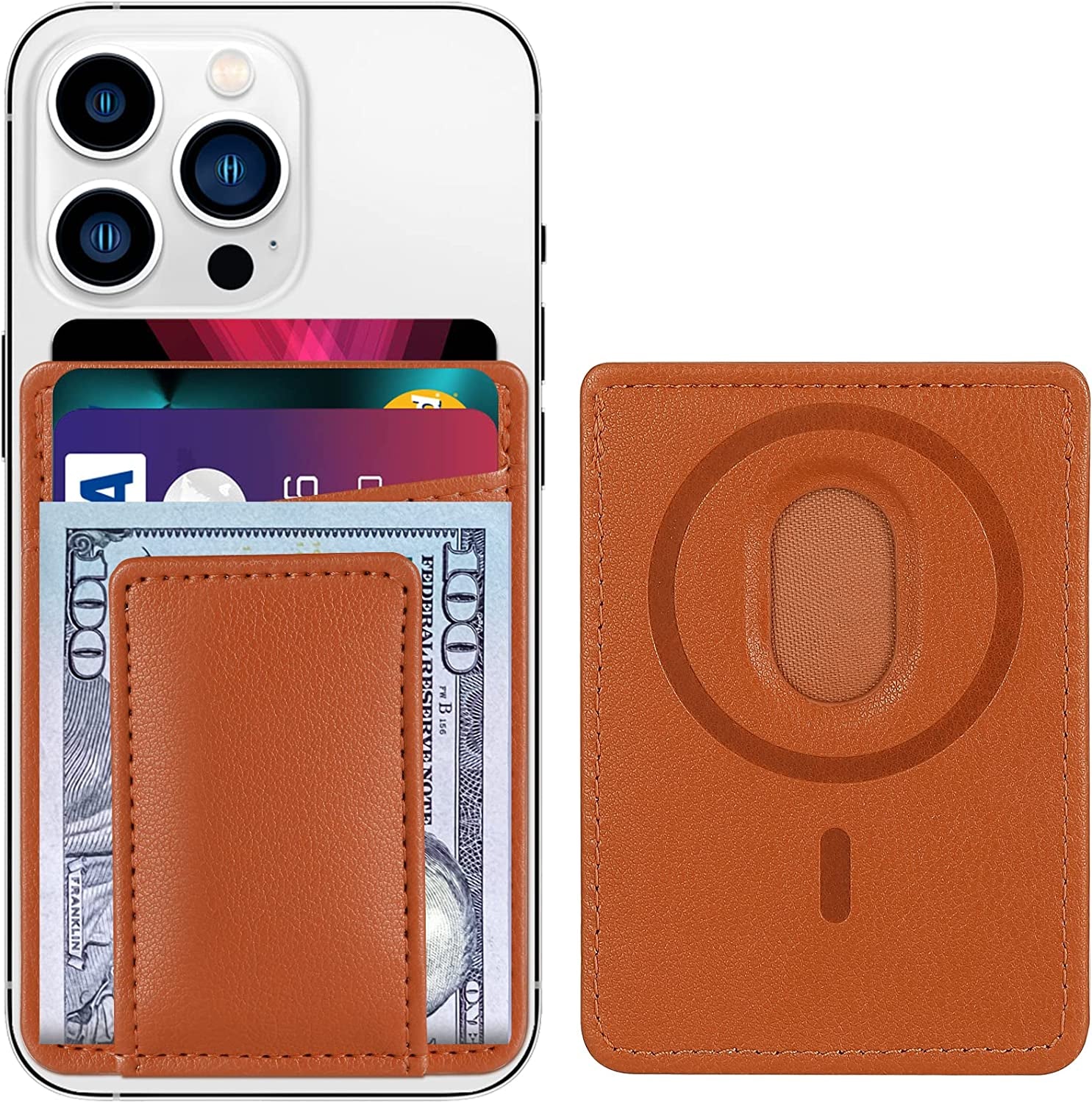 Magnetic Card Wallet Holder for Apple Magsafe, Magnetic Card Holder Magsafe Compatible with Iphone 12 Iphone 13/14 Magsafe Wallet, Mag Safe Leather Wallet for Back of Iphone 14/13/ 12 Series, Black  HiWe B-Brown  