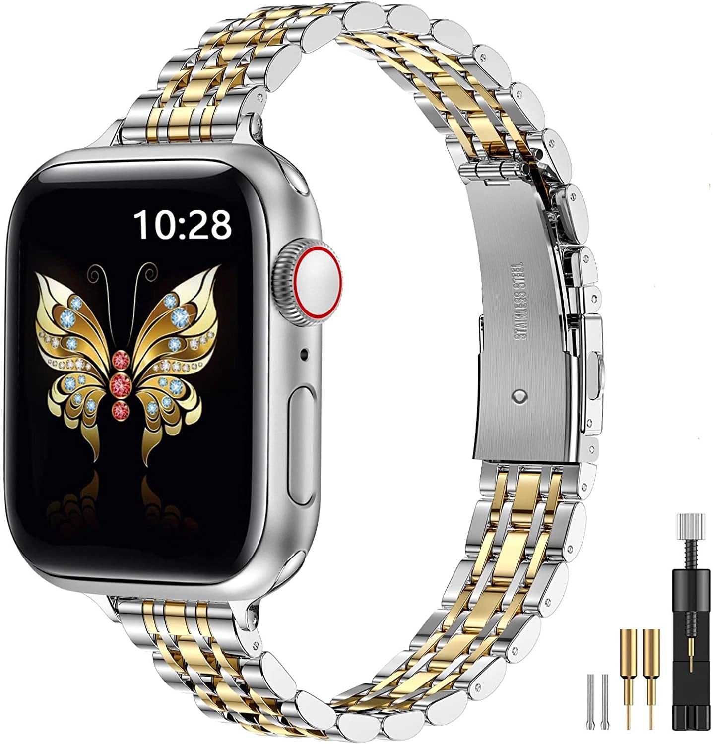 Miohhr Slim Metal Bands Compatible with Apple Watch Band Series 8/7(45Mm 41Mm),Series SE 6/5/4(40Mm 44Mm),Series 3/2 /1(38Mm 42Mm), Thin Stainless Steel Chain Strap for Women Iwatch Band  MioHHR Silver/Gold 41mm 40mm 38mm 
