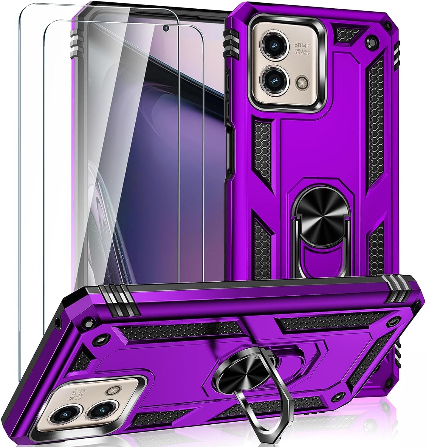 For Motorola Moto G Stylus 5G 2023 Case with 2 Pcs Tempered Glass Screen Protector, [Military-Grade] Rugged Heavy Duty Shockproof Phone Case Cover with Kickstand for Moto G Stylus 5G 2023, Black  Steuscey Purple  