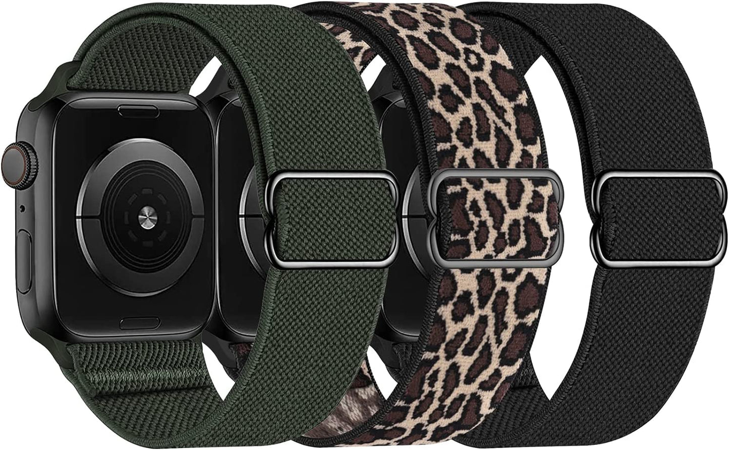 Swhatty Stretchy Nylon Solo Loop Bands Compatible with Apple Watch 41Mm 40Mm 38Mm, Adjustable Braided Sport Elastics Women Men Strap for Iwatch Series 8 7 6 5 4 3 2 1 SE (Black, Rose Pink, Cream)  Swhatty Black/Leopard/Clover 38mm/40mm/41mm 