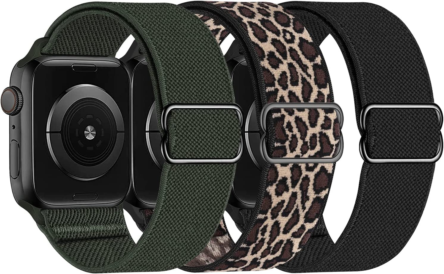 Swhatty Stretchy Nylon Solo Loop Bands Compatible with Apple Watch 41Mm 40Mm 38Mm, Adjustable Braided Sport Elastics Women Men Strap for Iwatch Series 8 7 6 5 4 3 2 1 SE (Black, Rose Pink, Cream)  Swhatty Black/Leopard/Clover 38mm/40mm/41mm 