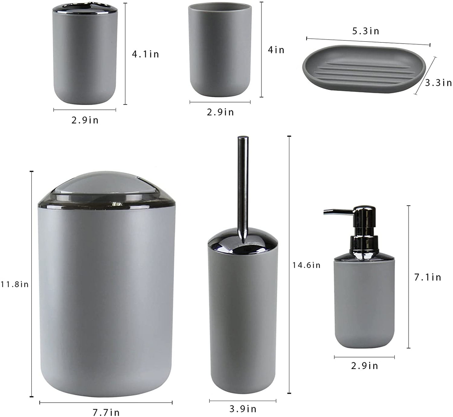 IMAVO Bathroom Accessories Set, 6-Piece Plastic Gift Set, Toothbrush Holder, Toothbrush Cup, Soap Dispenser, Soap Dish, Toilet Brush Holder, Trash Can (Grey)  IMAVO   