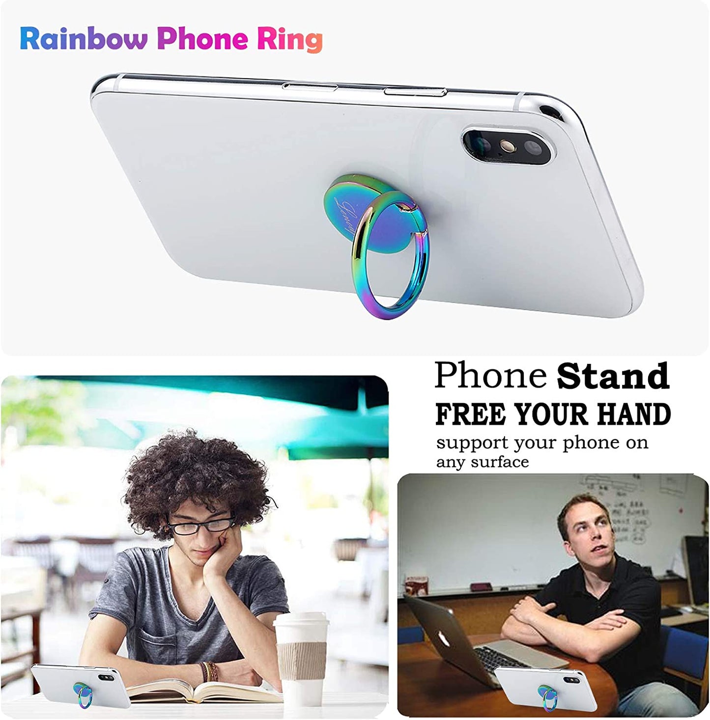 Lenoup Rainbow Cell Phone Ring Stand Holder,Blue Multicolor Ring Grip Kickstand,360 Rotation Metal Finger Ring for Almost All Phones,Pad  lenoup   