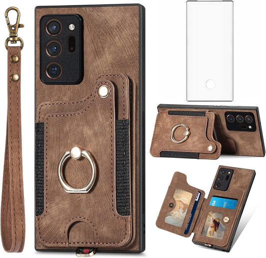 Phone Case for Samsung Galaxy Note 20 Ultra 5G Wallet Cover with Screen Protector and Wrist Strap RFID Card Holder Ring Stand Note20 plus Notes 20Ultra Note20+ U + 20+ Twenty Not S20 Women Men Brown  Asuwish   