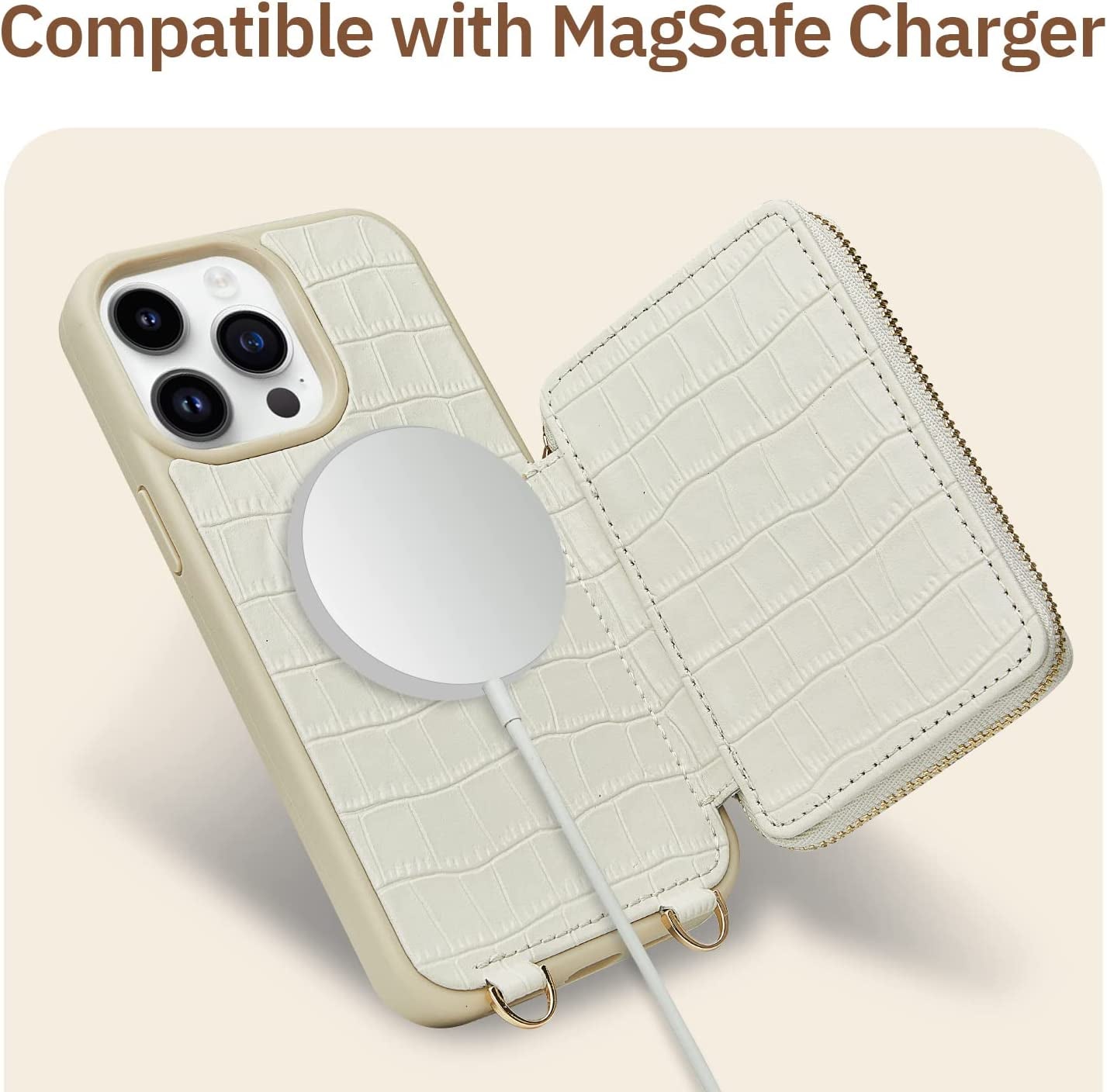 CUSTYPE for Iphone 14 Pro Max Magsafe Case Wallet with Strap Wrist for Women, Crossbody Zipper Case with Card Holder, [Compatible with Wireless Charging] Protective Case Purse with Ring 6.7Inch, Beige  C CUSTYPE   