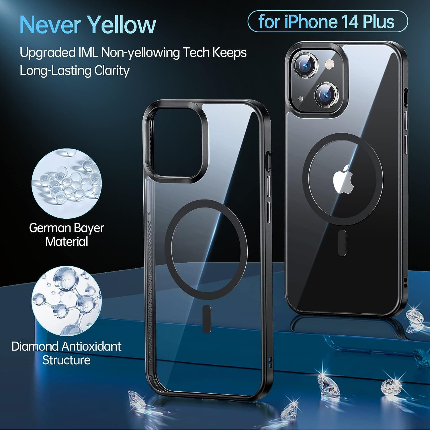 JUESHITUO 2023 Magnetic Slim Crystal Clear Case for Iphone 14 plus Case Magsafe[Not Yellowing][Military Grade Protection][No.1Strong Magnets]Compatible with Iphone 14 plus Magsafe Case 6.7,Space Black  iPhone 14 Plus case Magsafe   