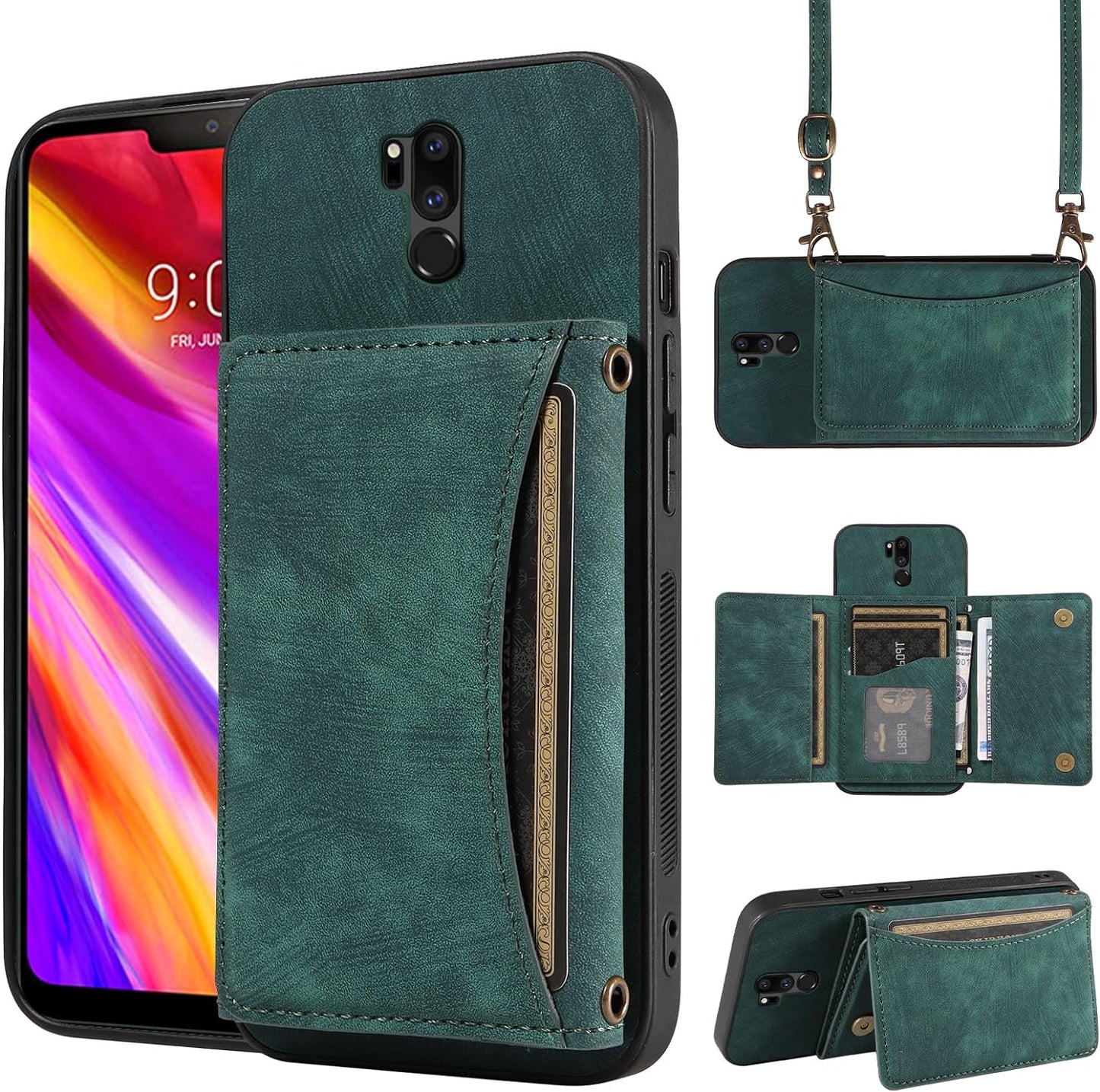 Phone Case for LG G7 Thinq Wallet Cover with Crossbody Shoulder Strap and Leather Credit Card Holder Pocket Slim Stand LGG7 One G 7 plus LG7 Fit Lg7Thinq 7G Thin Q G7+ G7Thinq Lgg7Thinq Girls Red  Dswteny Green  
