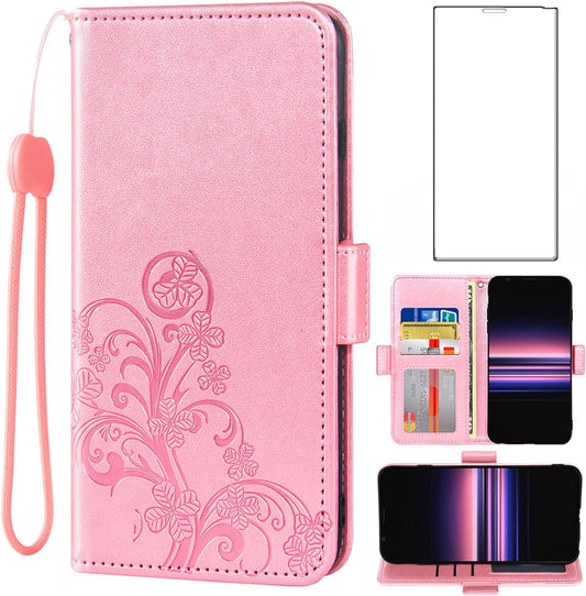 Asuwish Compatible with Sony Xperia 5 Wallet Case and Tempered Glass Screen Protector Flip Purse Wrist Strap Credit Card Holder Stand Cell Phone Cover for Experia XZ5 Xperia5 Five Women Men Rose Gold  Asuwish   