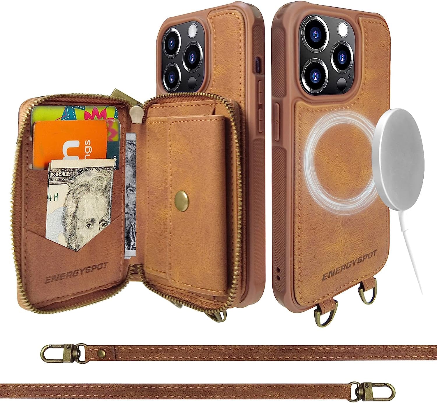 Energyspot Design for Iphone 14 Pro Max Case Compatible with Magsafe Charger Magnetic Removable Wallet Card Holder Slim Thin Leather Cover with 4.5Ft Lanyard (Pink)  EnergySpot Brown iPhone 14 Plus 