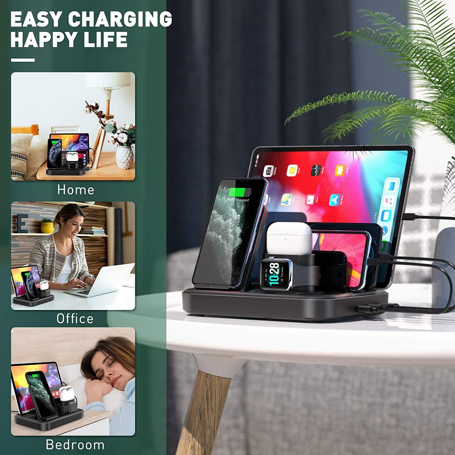Seenda Wireless Charging Station for Multiple Devices - 6 in 1 USB Charging Dock Built-In AC Adapter with 10W Max Wireless Charger Stand and 5 USB Ports for Iphone, Ipad, Android, Apple Watch, Airpods  seenda charging   