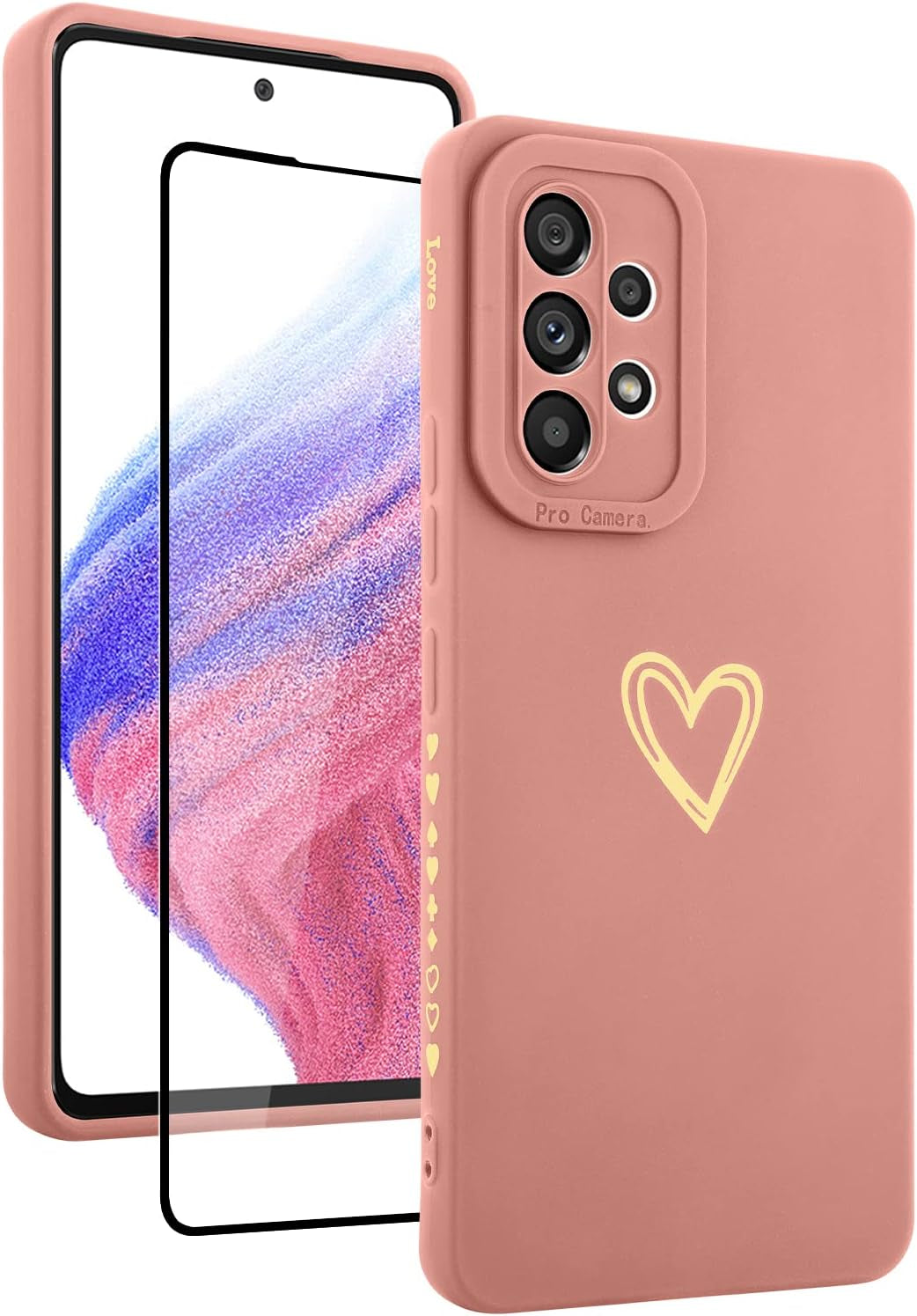 Fiyart Designed for Samsung Galaxy A53 5G Case Love Heart Design for Women Girls Soft TPU Plating Full Camera Lens Protection Phone Cover Bumper with Screen Protector for Galaxy A53 5G 6.5"-Black  Fiyart Pink  