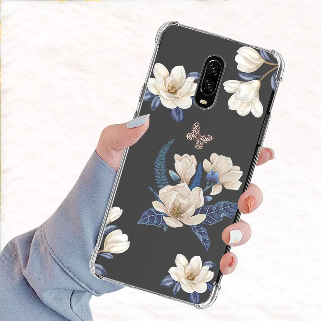 Vokuha for Oneplus 7 Gm1901/Oneplus 6T A6010 Case for Girls Women, Cute Clear Slim Shockproof Pattern Soft Flexible TPU Rubber Back Phone Protective Cover Cases for Oneplus 6T (White Flower)  Vokuha   