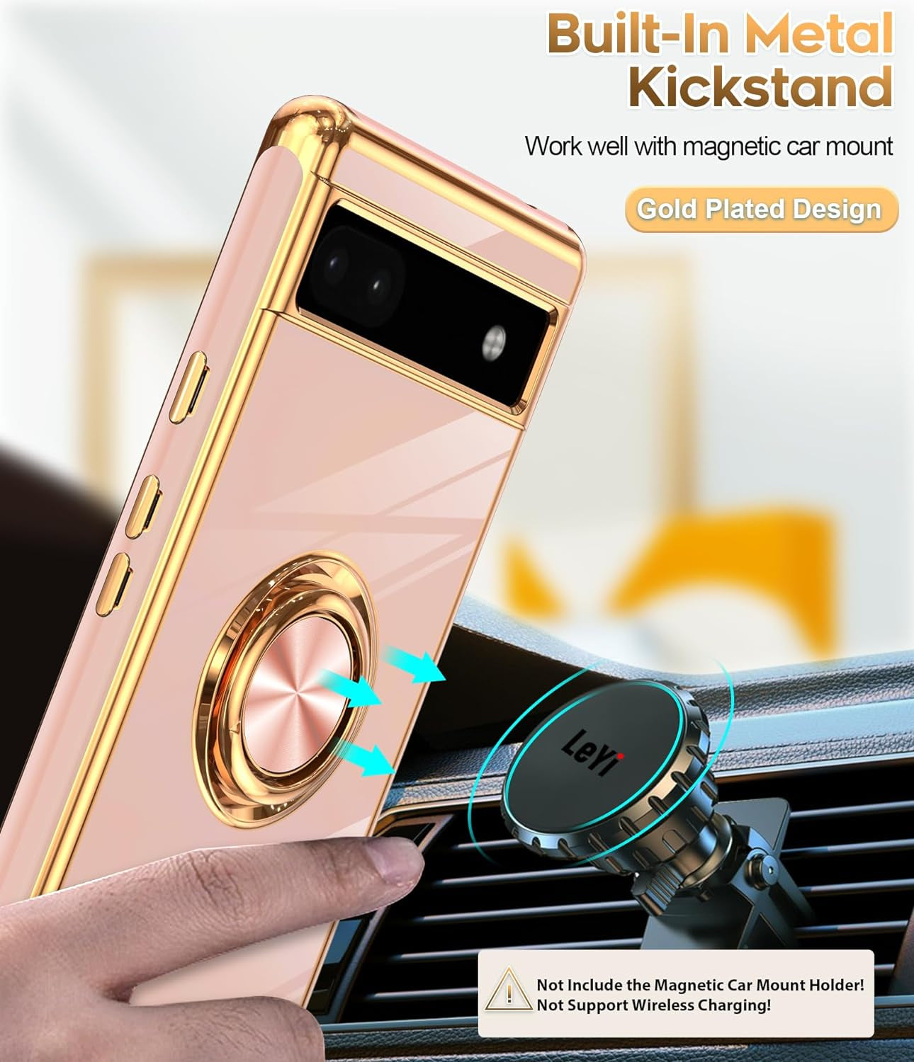 Leyi for Pixel 6A Case: with Tempered Glass Screen Protector [2 Pack] 360° Rotatable Ring Holder Magnetic Kickstand, Plating Rose Gold Edge Protective Google Pixel 6A Case, Pink  LeYi   