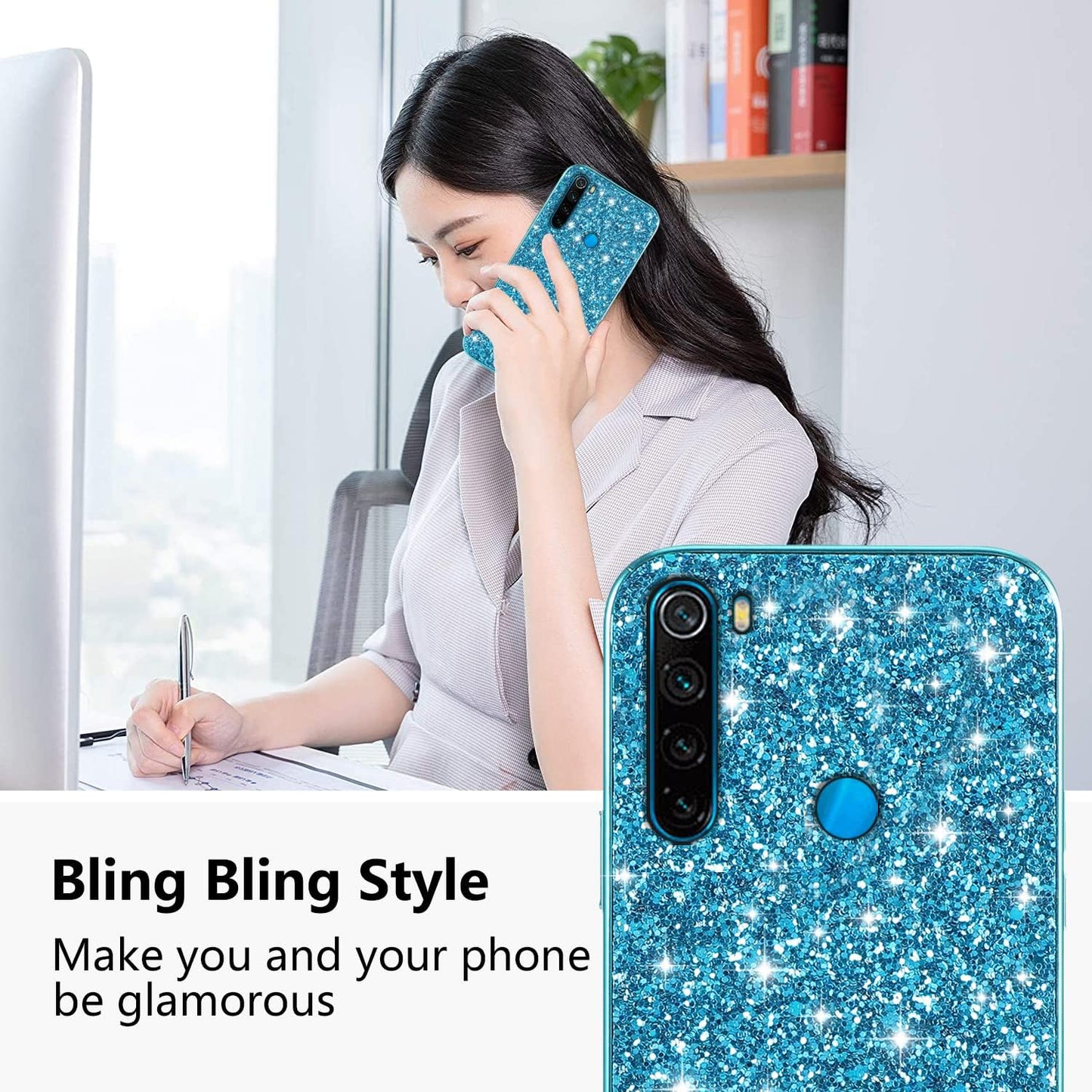 Compatible with Xiaomi Redmi Note 8 Case Glitter Shockproof,Redmi Note 8 Phone Case Bling Sparkly Soft TPU and PC Silicone Shiny Girl Women Thin Protective Cover (Blue)  Wousunly   