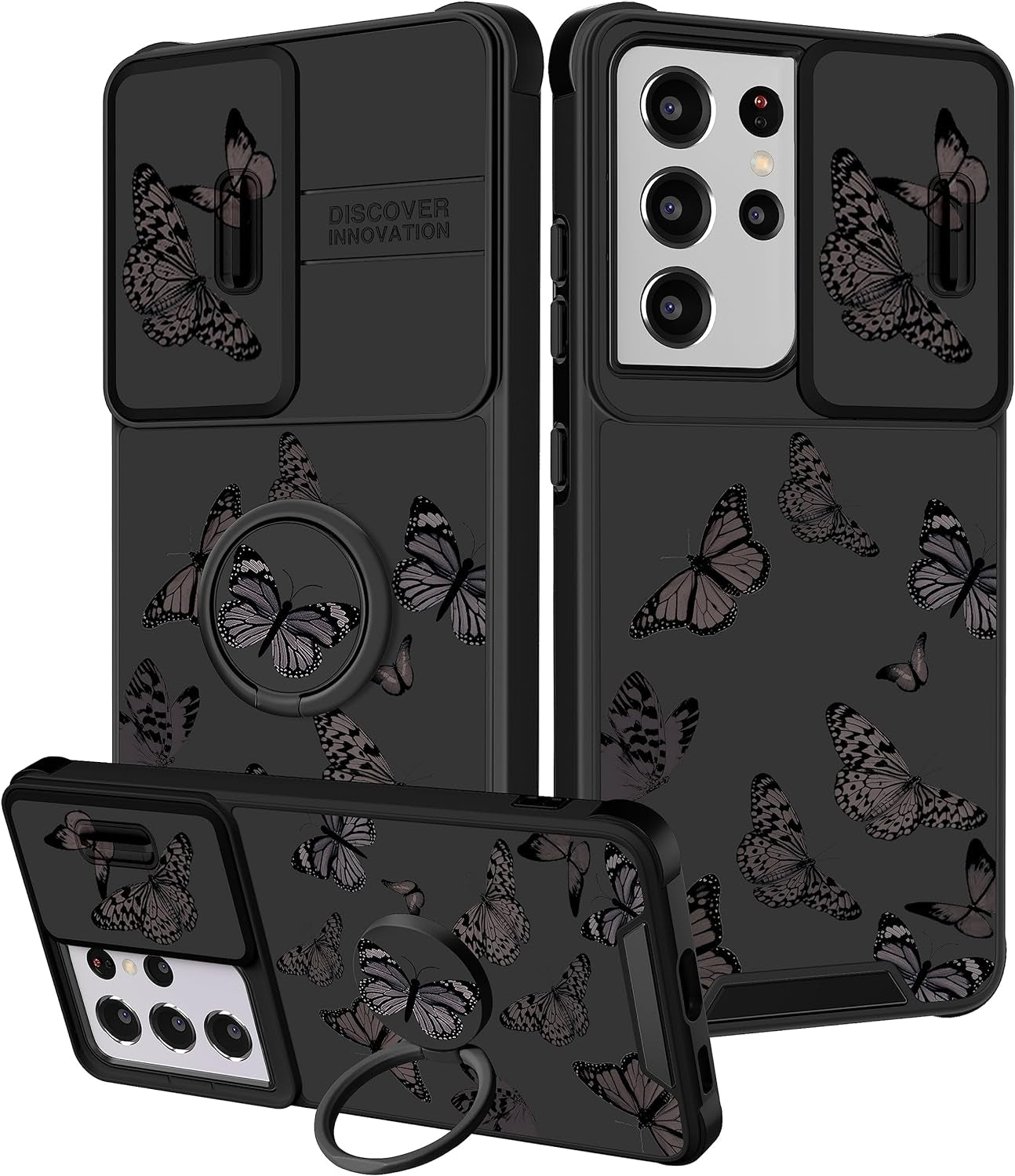 Funermei (2In1 for Samsung Galaxy S21 Ultra Case for Women Sunflower Cute Girls Phone Cover Flowers Floral Girly Sun Flower Black Design with Camera Cover+ Ring Stand for S21 Ultra Case  Funermei Black Butterfly  