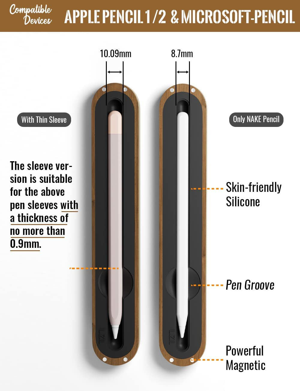 AFOOYO Walnut Case Holder for Apple Pencil 1St and 2Nd Generation Premium Carrying Case Protective Silicone Base Sleeve Compatible with Apple Pen Accessories, Pen Tips, Caps (Pencil with Thin Case)  AFOOYO   