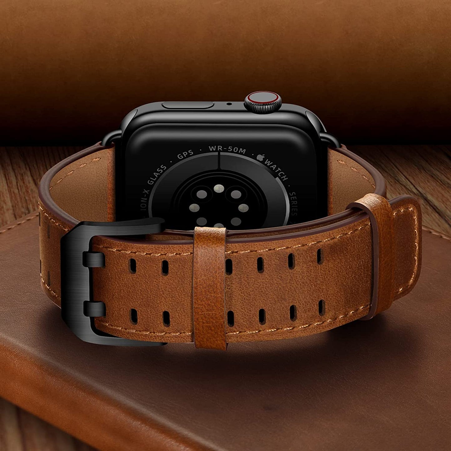 OUHENG Leather Bands Compatible with Apple Watch Band 49Mm 45Mm 44Mm 42Mm, Genuine Leather Replacement Band Strap Wristband for Iwatch Ultra Series 8 7 6 5 4 3 2 1 SE2 SE Men Women, Retro Brown/Black  OUHENG   
