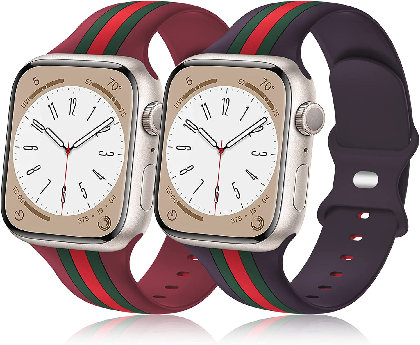 [2 Pack] Designer Bands Compatible with Apple Watch Band 38Mm 40Mm 41Mm 42Mm 44Mm 45Mm 49Mm Men Women, Soft Silicone Sport Band Replacement Strap for Apple Watch Ultra Iwatch Series 8 7 SE 6 5 4 3 2 1  Seizehe Light Wine Red/Green/Red - Purple Cherry/Green/Red 38mm/40mm/41mm 