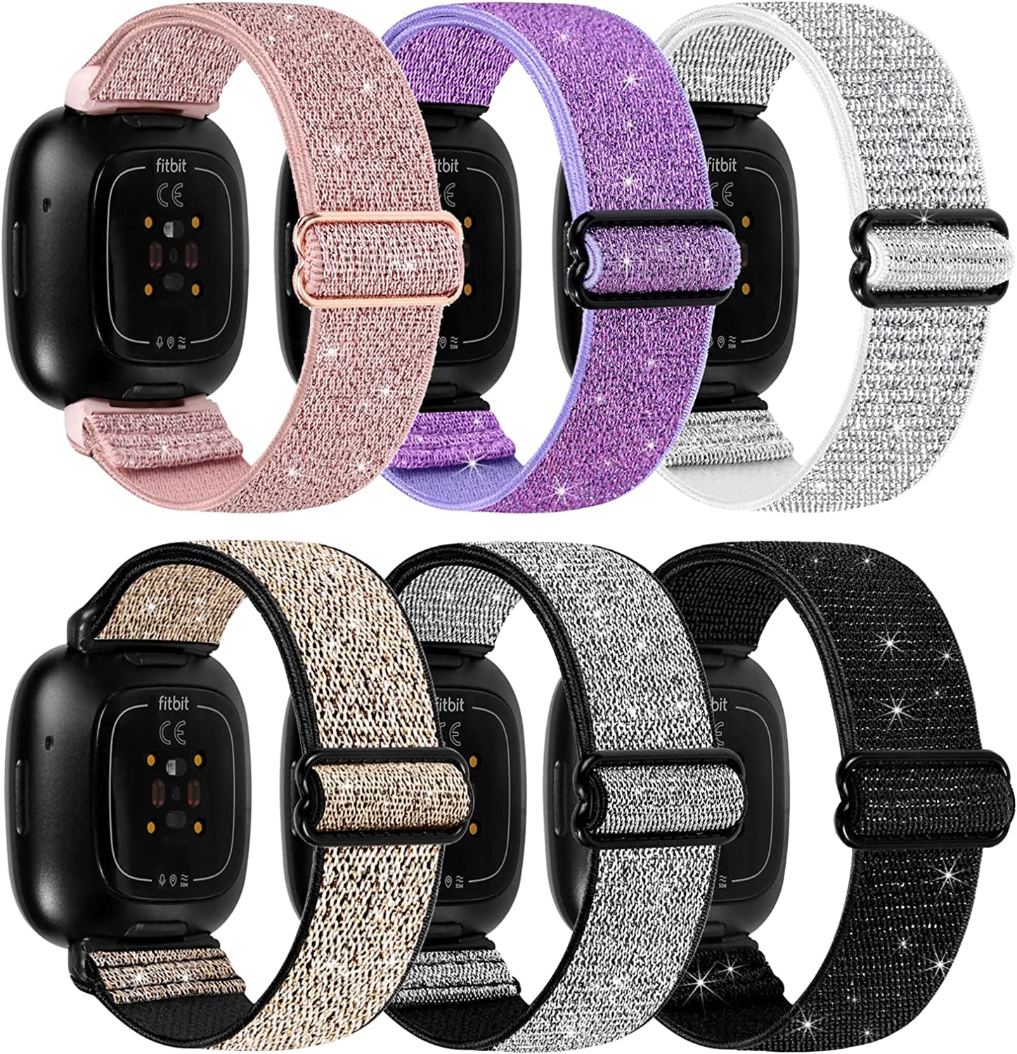 6 Packs Elastic Nylon Bands Compatible with Fitbit Versa 4 / Fitbit Sense 2 / Fitbit Versa 3 / Fitbit Sense, Adjustable Nylon Replacement Straps Wristband for Fitbit Versa 3/4 for Women Men  HUYIIO Pink+Purple+White+Silver+Gold+Black  