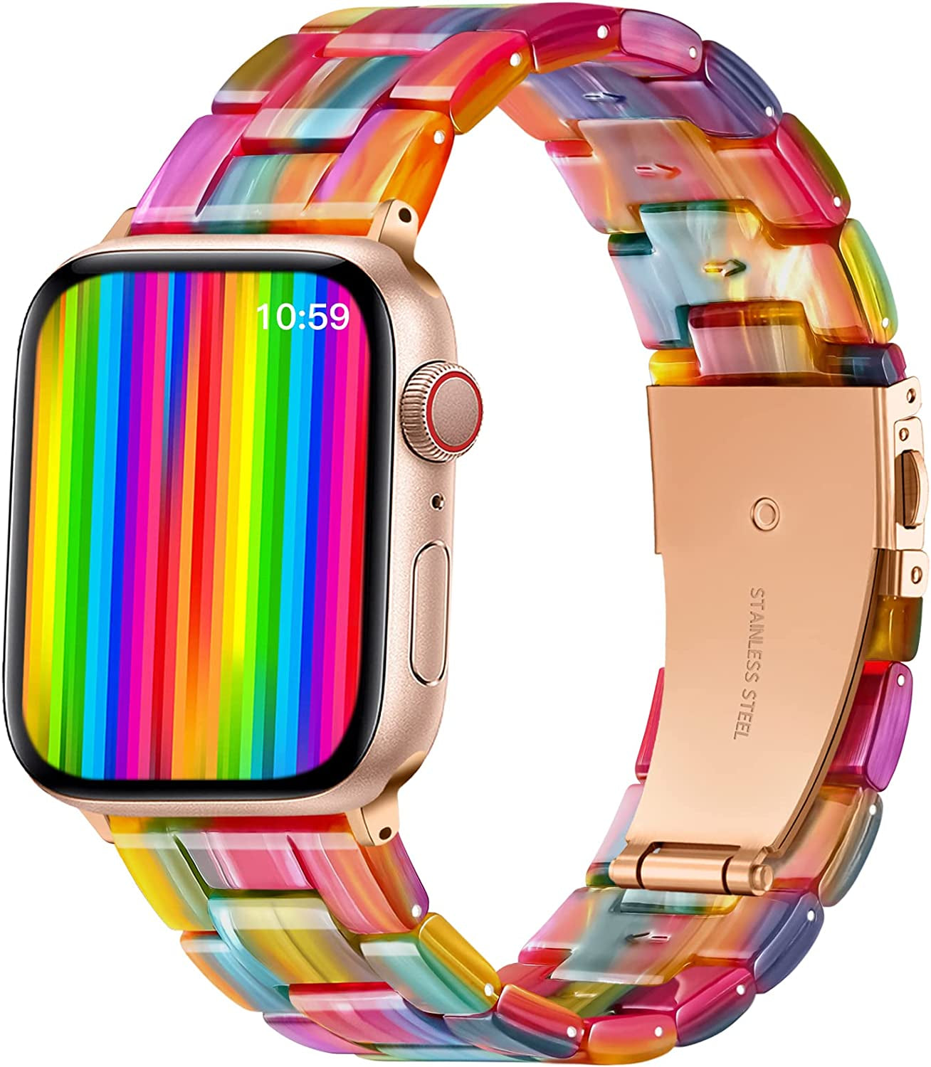 GEAK Resin Strap Compatible with Apple Watch Band 40Mm 38Mm 44Mm 42Mm 41Mm 45Mm Women Men, Light Resin Bracelet Iwatch Bands with Stainless Steel Buckle Replacement for Iwatch Series 7 6 5 4 3 2 1 SE  GEAK Rainbow 42mm/44mm/45mm/49mm 