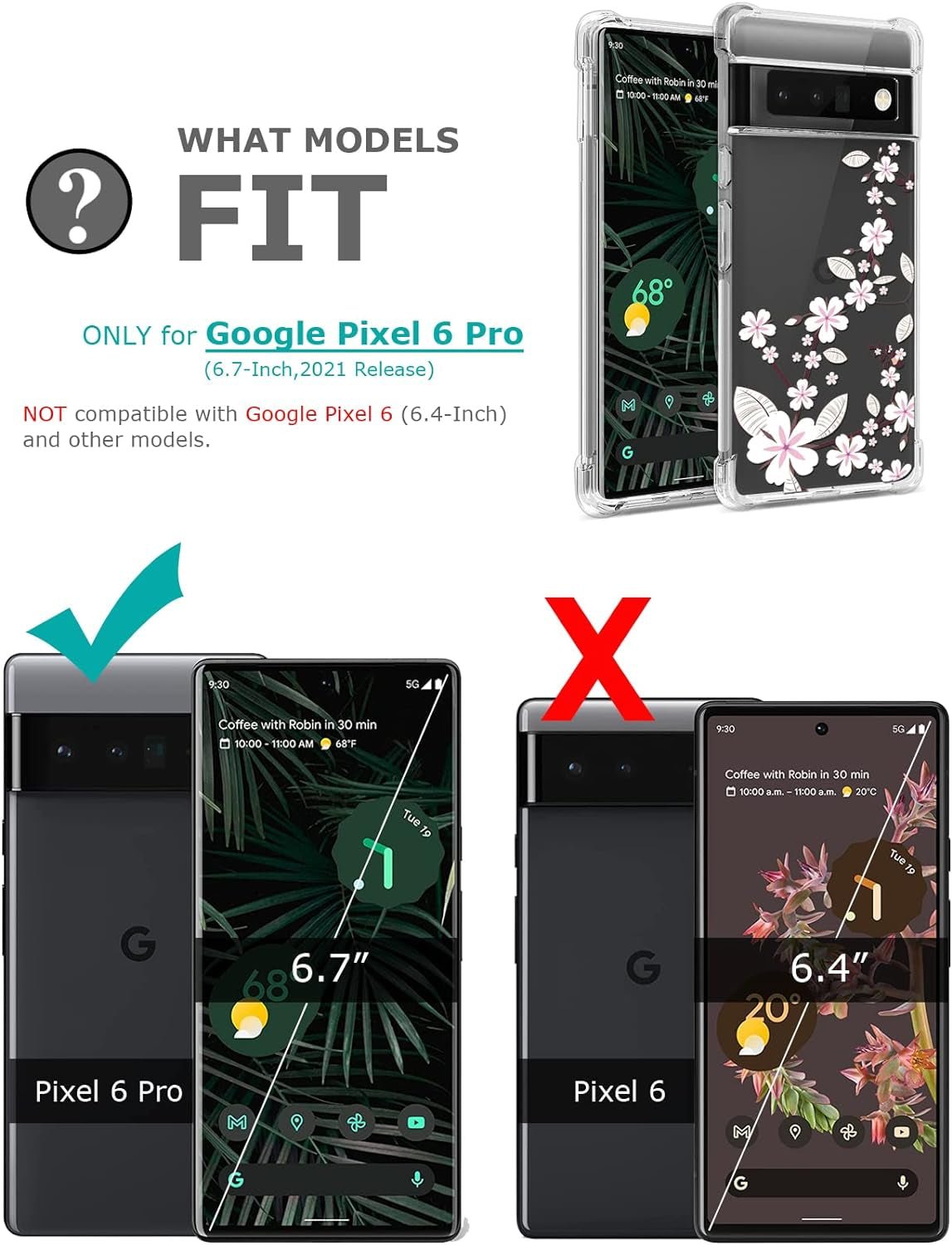 GREATRULY Floral Clear Case for Pixel 6 Pro for Women/Girls,Pretty Phone Cover for Google Pixel 6 Pro,Flower Design Slim Soft Transparent Drop Proof TPU Protective Silicone Bumper Shell,Fl-T  GREATRULY   