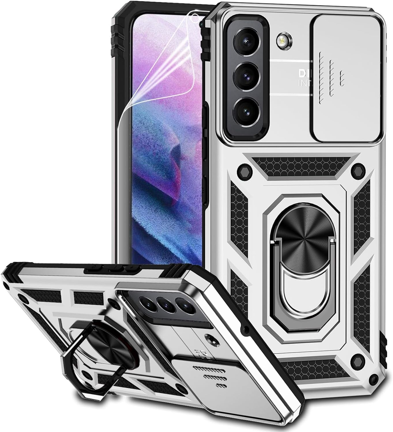 For Samsung Galaxy S22 Case with Camera Lens Cover HD Screen Protector, Dual Layer Military-Grade Drop Tested Magnetic Ring Holder Kickstand Protective Phone Case for Samsung Galaxy S22 5G (Black)  JINZHI Inc Silver With Camera Cover Military-Grade 2Nd Gen  